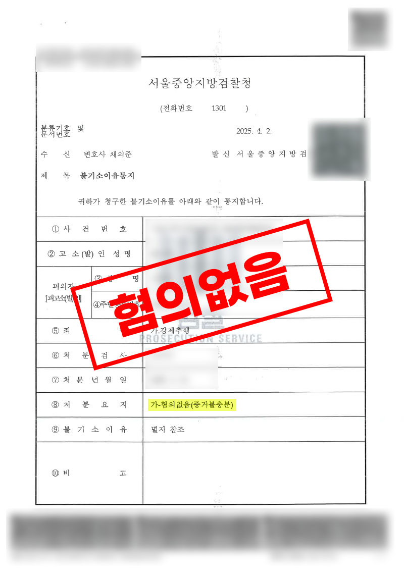 CCTV 증거가 있었던 강제추행 사건 고의성 부재 입증으로 불기소 혐의없음 결정