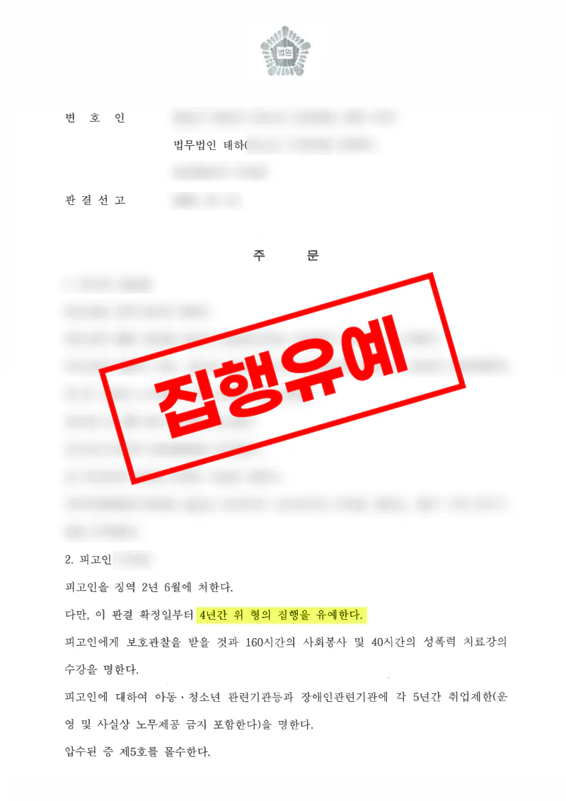 아동 청소년 성보호법 위반 사건 징역 2년 6월에 집행유예 4년 선고