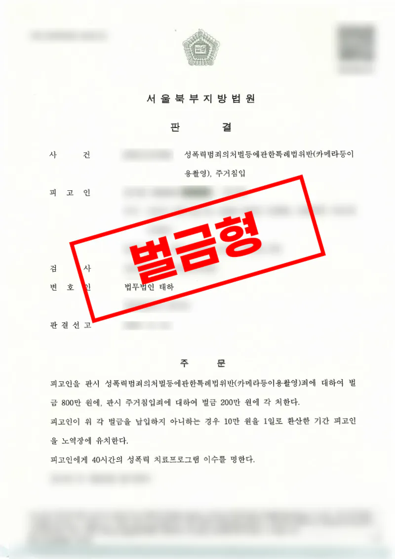 주거침입 및 카메라등이용촬영 사건 다수 피해자 사안에서 벌금형 선고