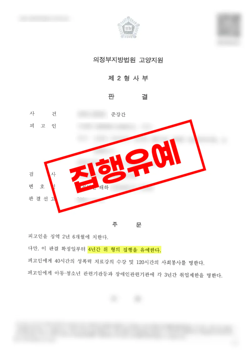 준강간 혐의 인정 후 피해자와 합의하여 집행유예 확정된 사례